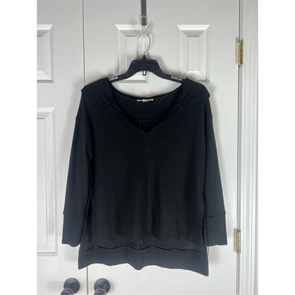 On The Land Womens Black Waffle Blouse Size M - Picture 1 of 4